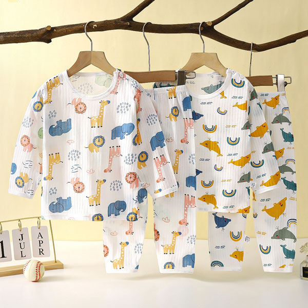 Children's pure cotton home suit set summer long sleeved pajamas thin air conditioning suit